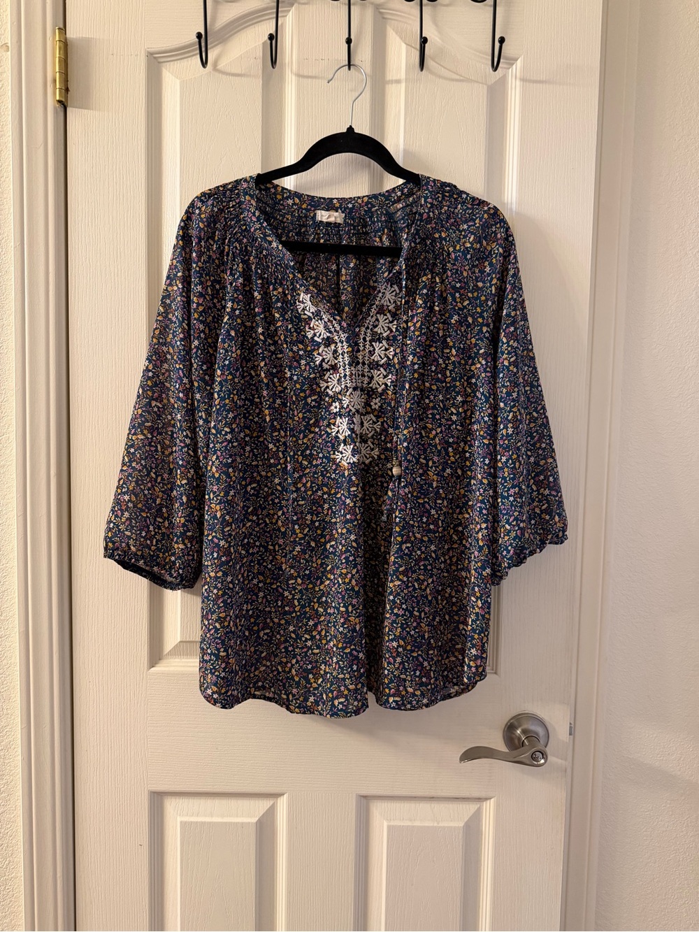 Navy Floral Embroidered V-Neck Peasant Blouse